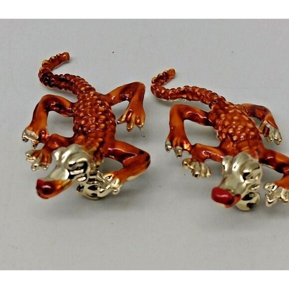 Alligator Crocodile Red & Orange Enamel Gold Tone Metal Reptile Brooches(2) - Picture 2 of 8